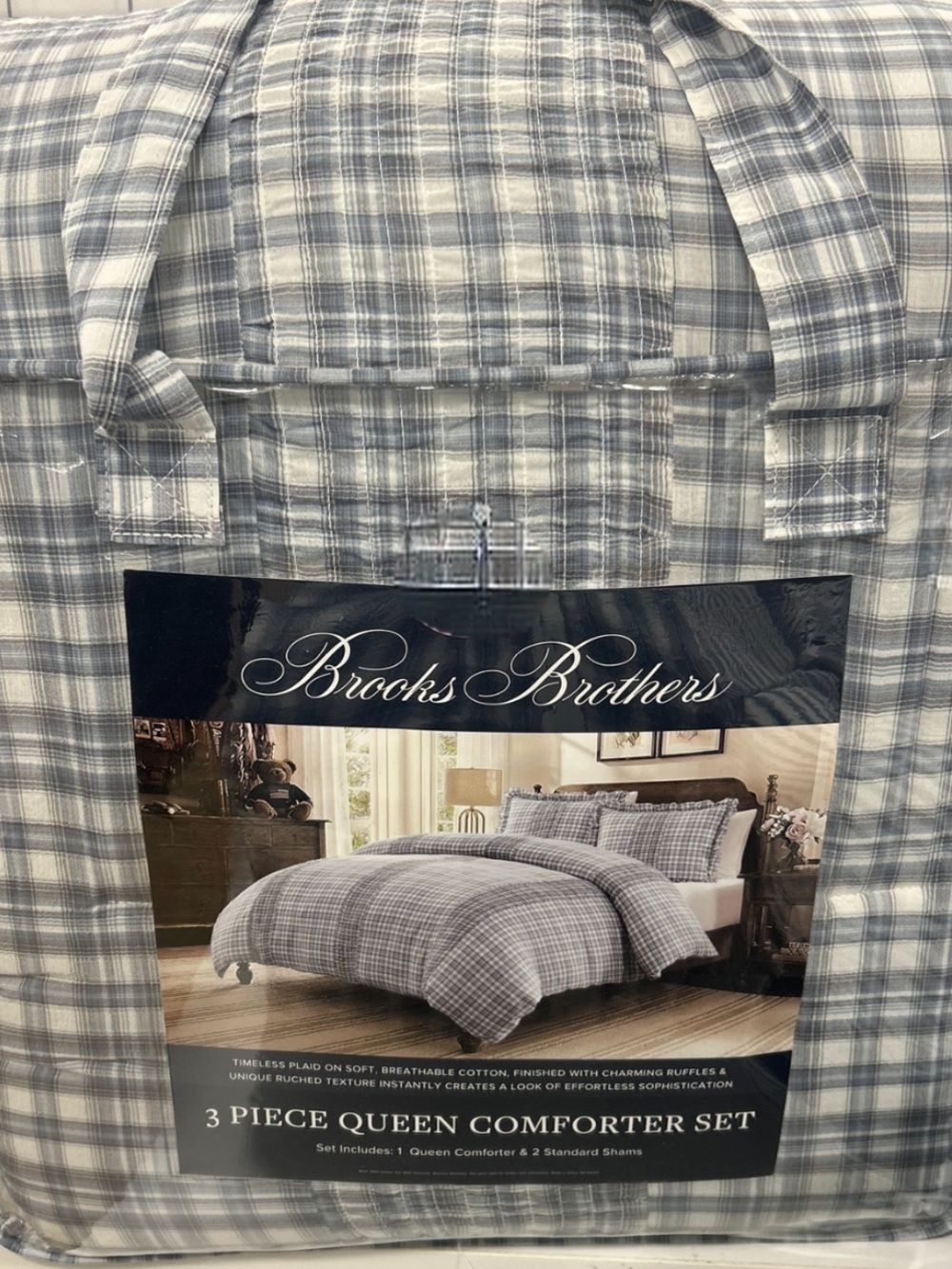 Brooks Brothers Blue, Gray and White Cotton Plaid Queen Comforter Set 90”x90”